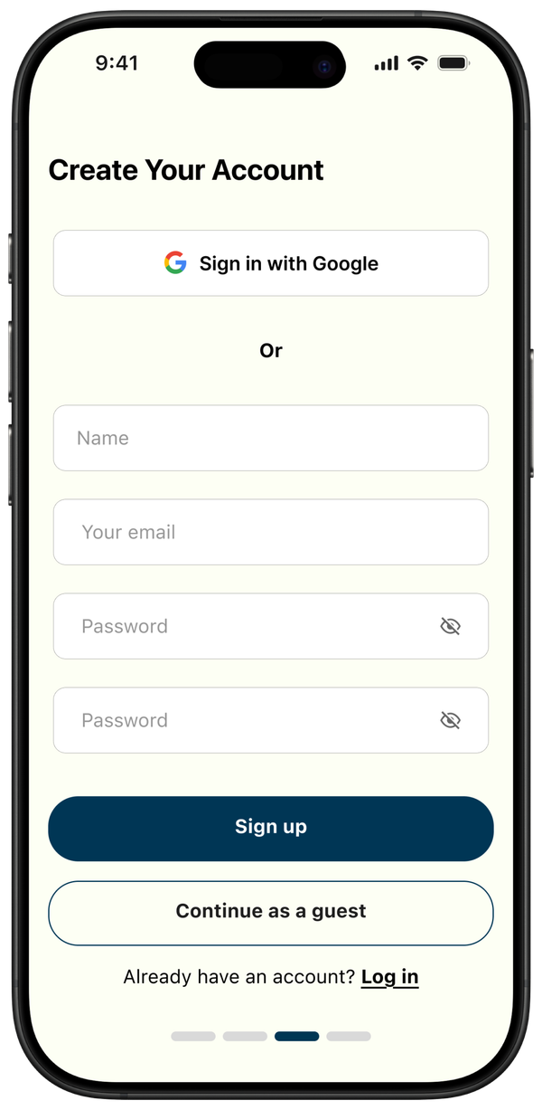 Onboarding final screen with Continue as Guest option