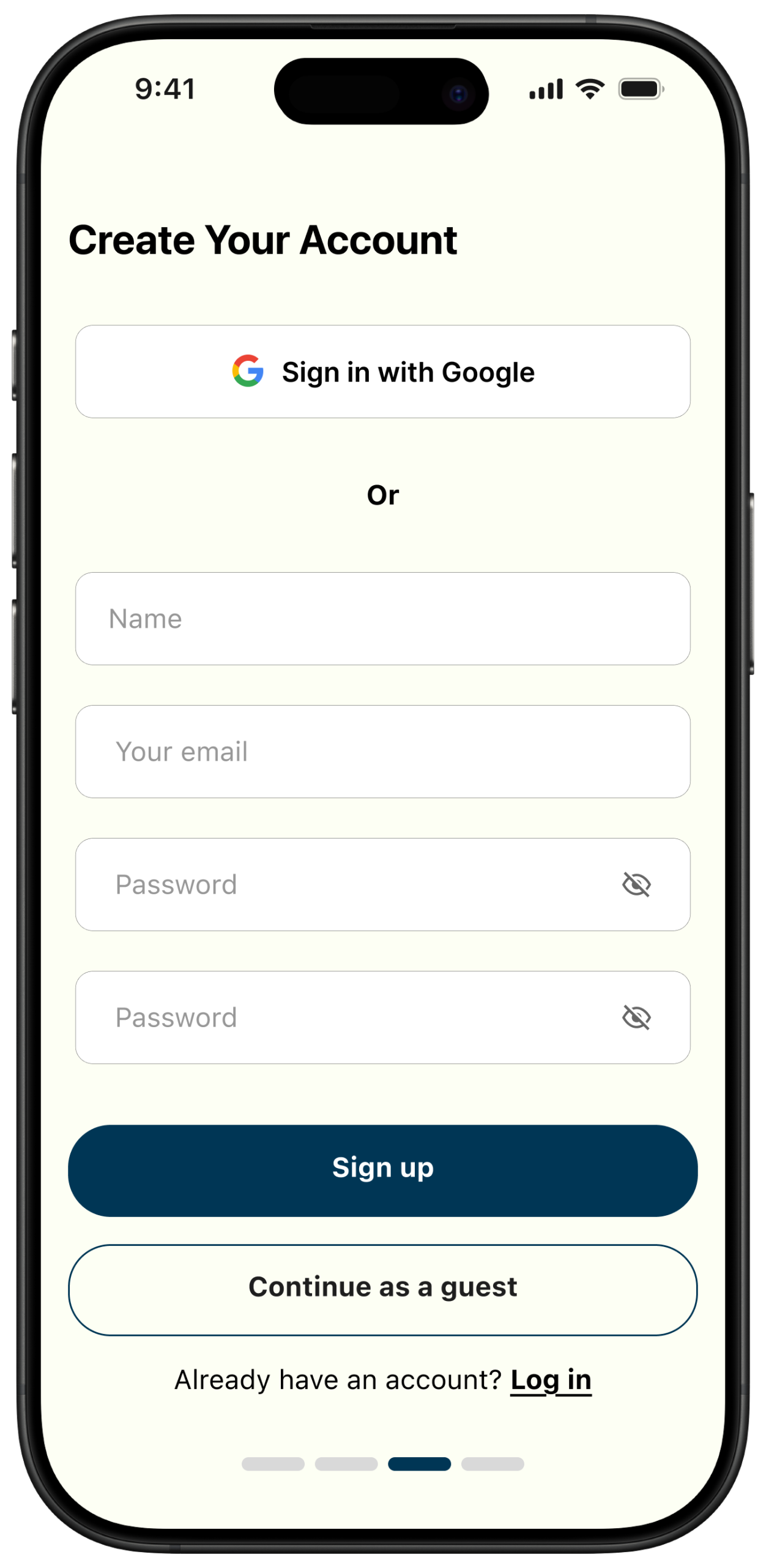 Onboarding final screen with Continue as Guest option