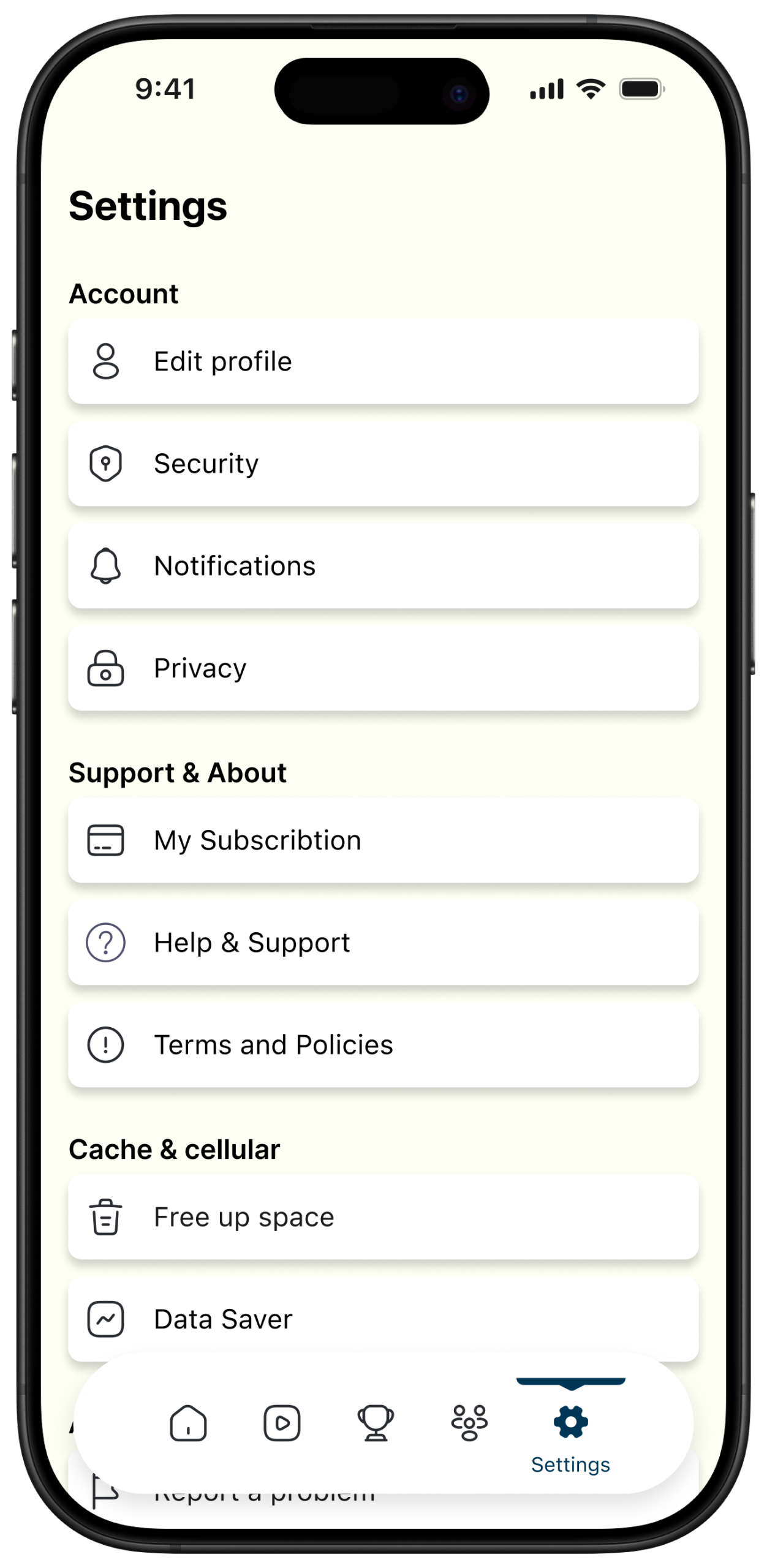 Final settings layout with individual white containers